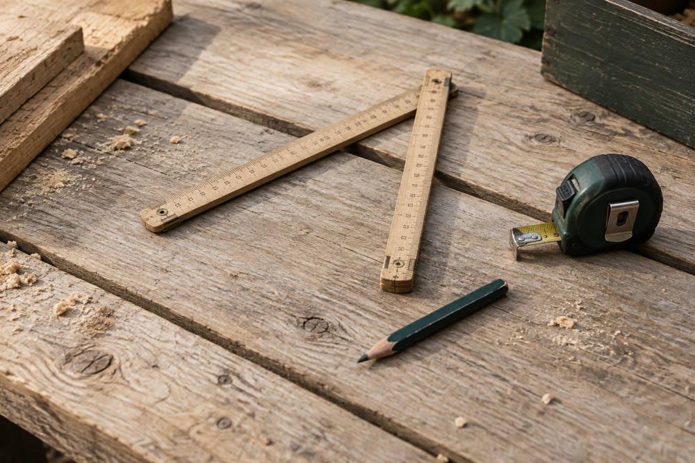 Duimstok, rolmaat en potlood op een houten werkbank