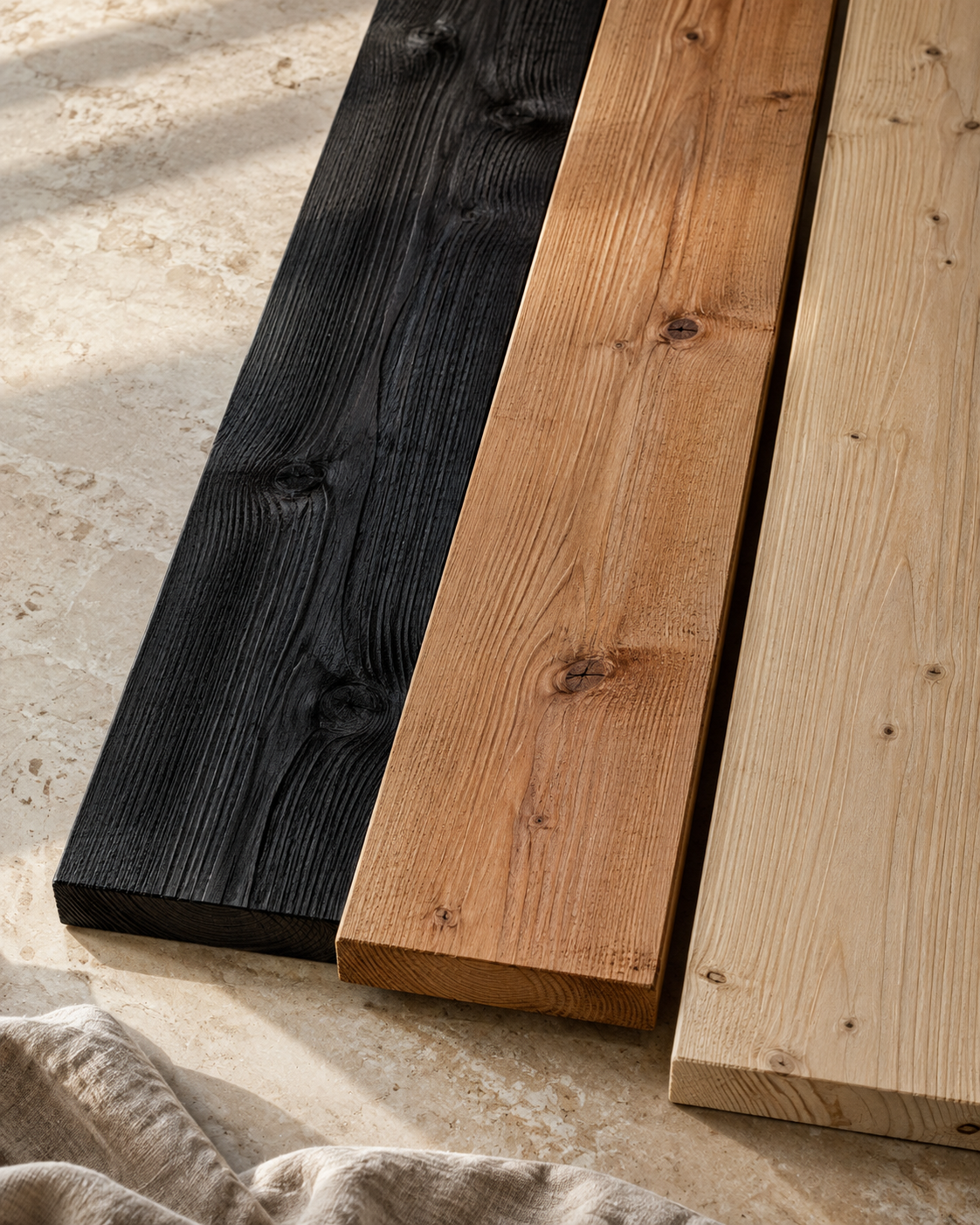 Materiaalstudie met matzwart, warm en licht naturel hout op natuursteen — AI-sfeerbeeld
