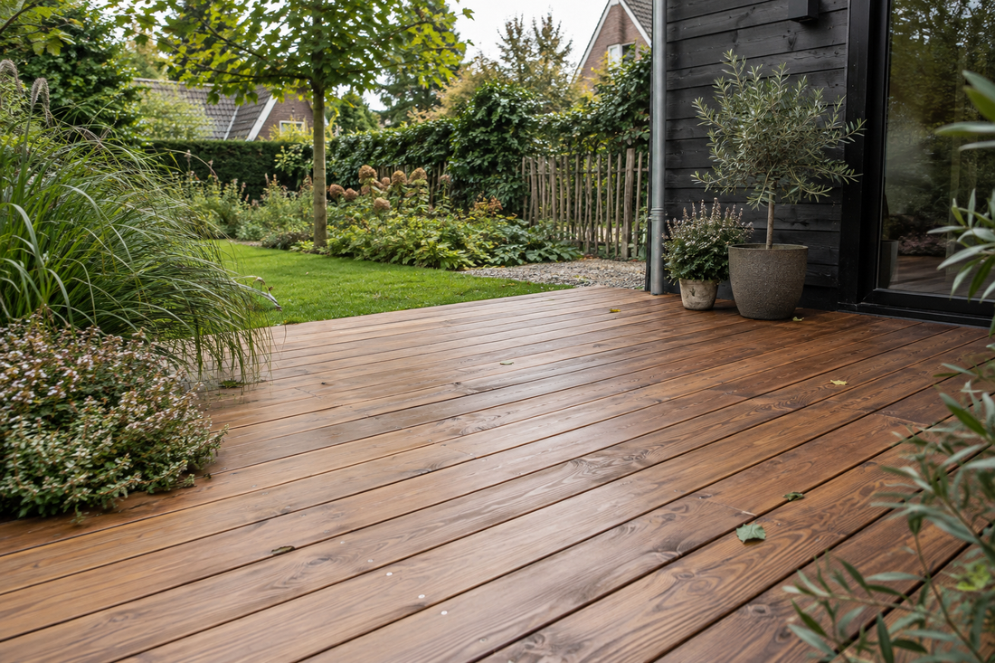 Houten vlonder bij een donkere gevel en groene tuin