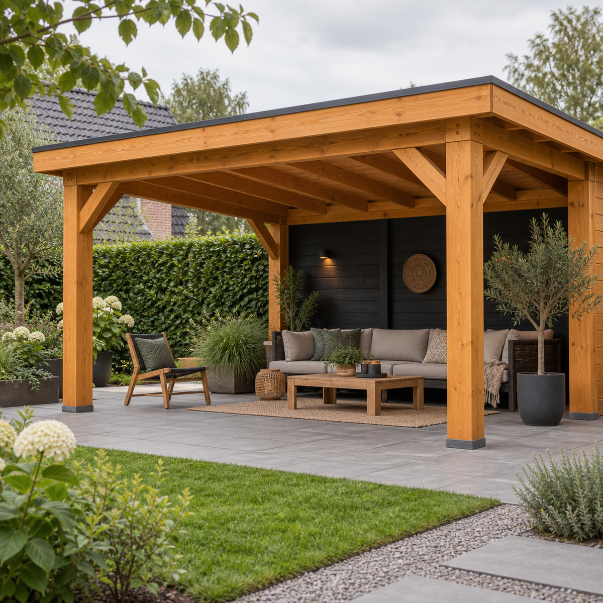 Overkapping met warme houten balken in een tuin — AI-sfeerinspiratie