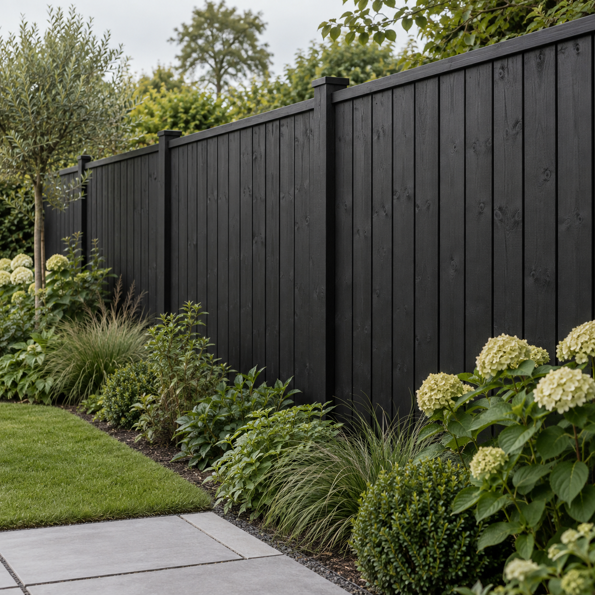Sfeerinspiratie met een zwarte houten schutting in een groene tuin