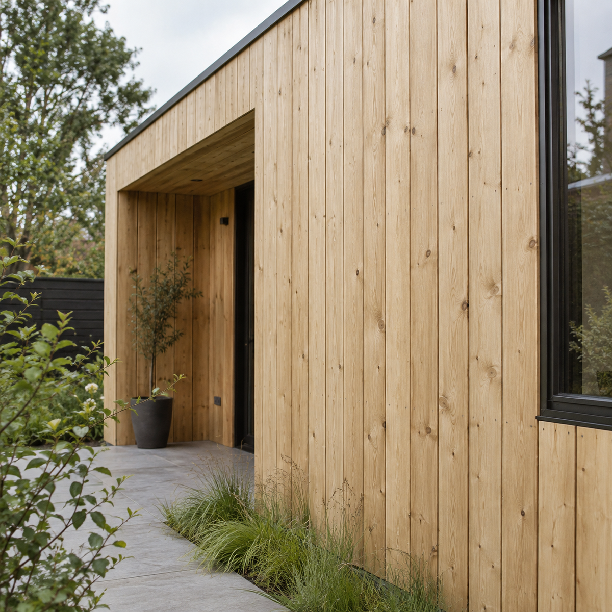 Sfeerimpressie: lichte natuurlijke houten gevelbekleding met zichtbare houtstructuur