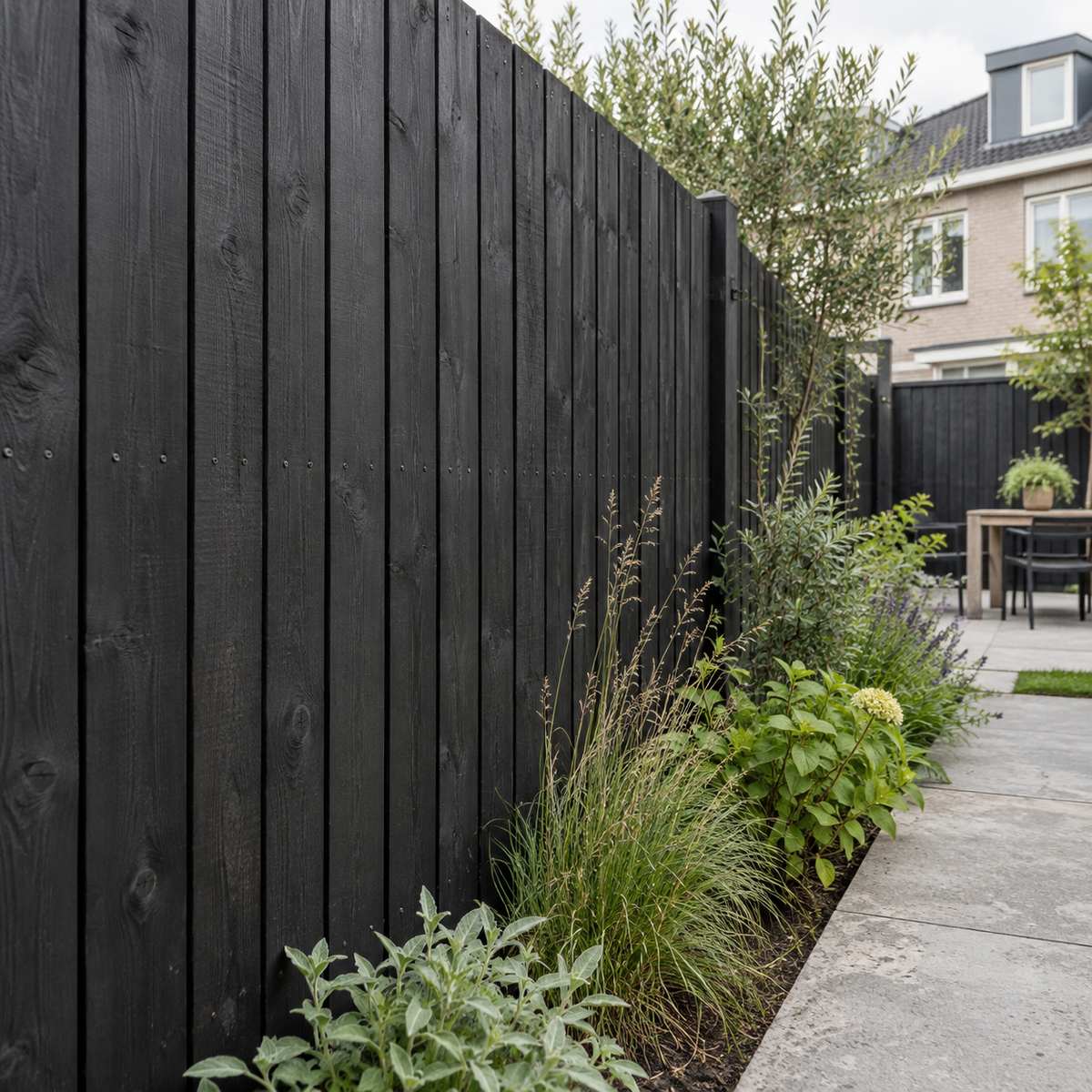 Sfeerimpressie: zwart gebeitste houten schutting met zichtbare houtnerf in een Nederlandse tuin