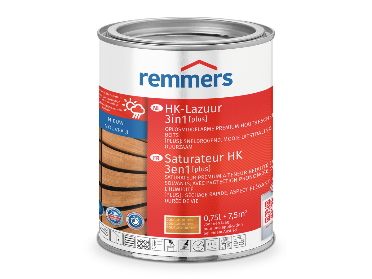 Remmers HK Lazuur 3in1 Plus – fabrikantverpakking van 0,75 L; getoonde etiketkleur wijkt af van geleverd zwart