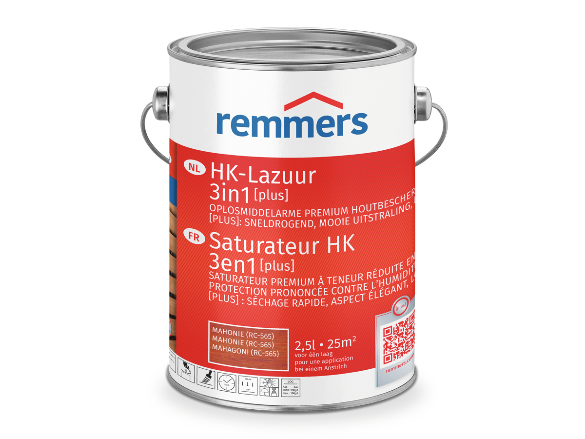 Remmers HK Lazuur 3in1 Plus – fabrikantverpakking van 2,5 L; getoonde etiketkleur wijkt af van geleverd zwart