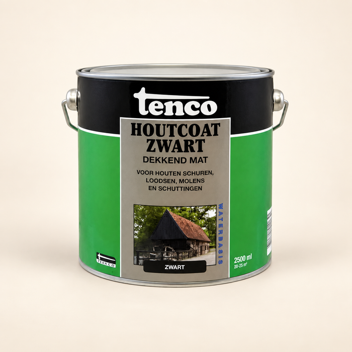 Tenco Houtcoat Zwart Mat Waterbasis 2,5 liter — bewerkte productvisualisatie